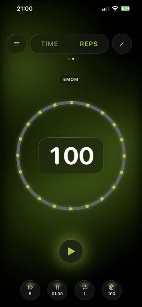 RankTime in REPS mode: an EMOM preset targeting 100 reps shown in the segmented ring