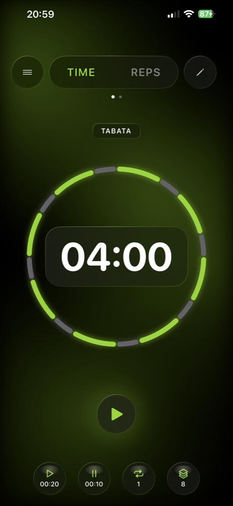 RankTime in TIME mode: a Tabata preset with a 4 minute segmented ring, 20 seconds work and 10 seconds rest over 8 rounds