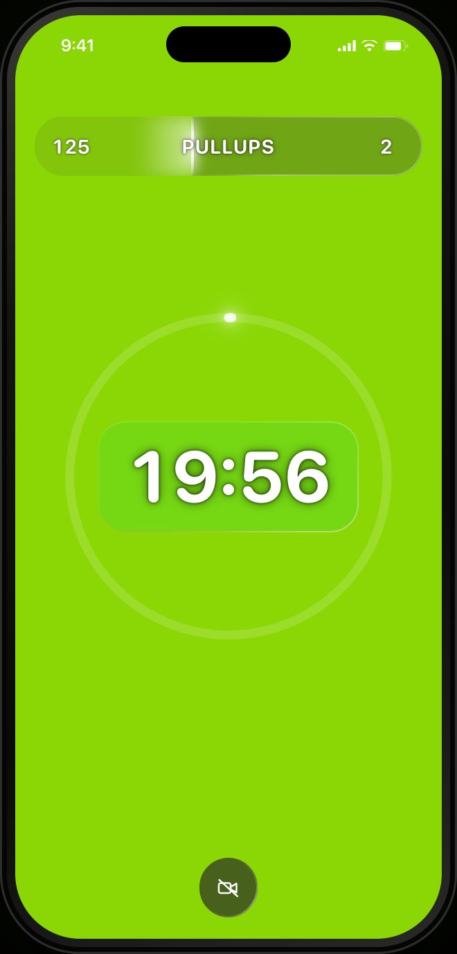 RankTime running an EMOM, lime screen at the top of the minute with pull-ups as the exercise