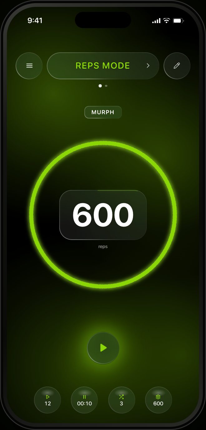 RankTime REPS mode with the MURPH preset selected, a lime ring and a target of 600 reps