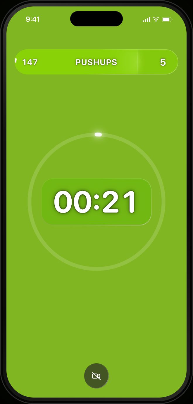 RankTime running screen during a Murph pull-up set, lime background with the exercise name and rep count