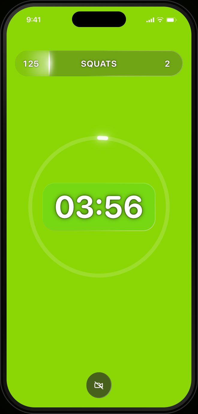 RankTime running a Tabata work interval, full lime screen with squats and the time remaining